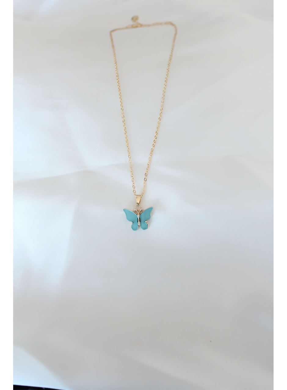 Gold Kaplama Turkuaz Renk Sedefli Kelebek Kolye