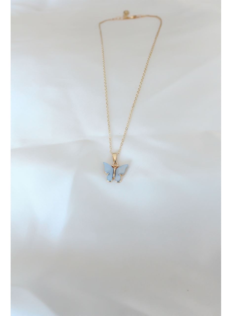 Gold Renk Kaplama Buz Mavisi Renk Sedefli Kelebek Kolye