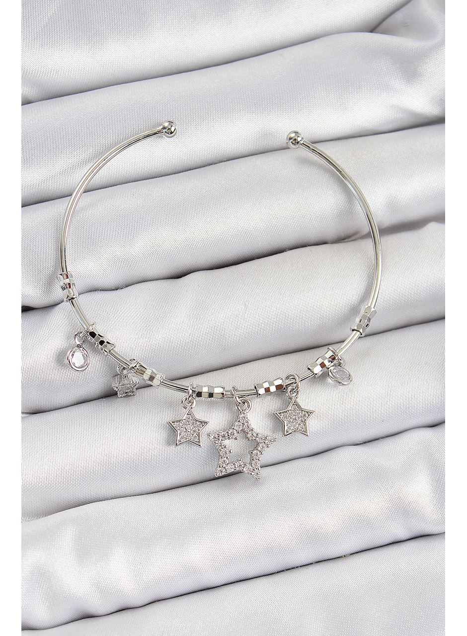 Pirinç Zirkon Taşlı Yıldız Model Gümüş Renk Charm Bileklik