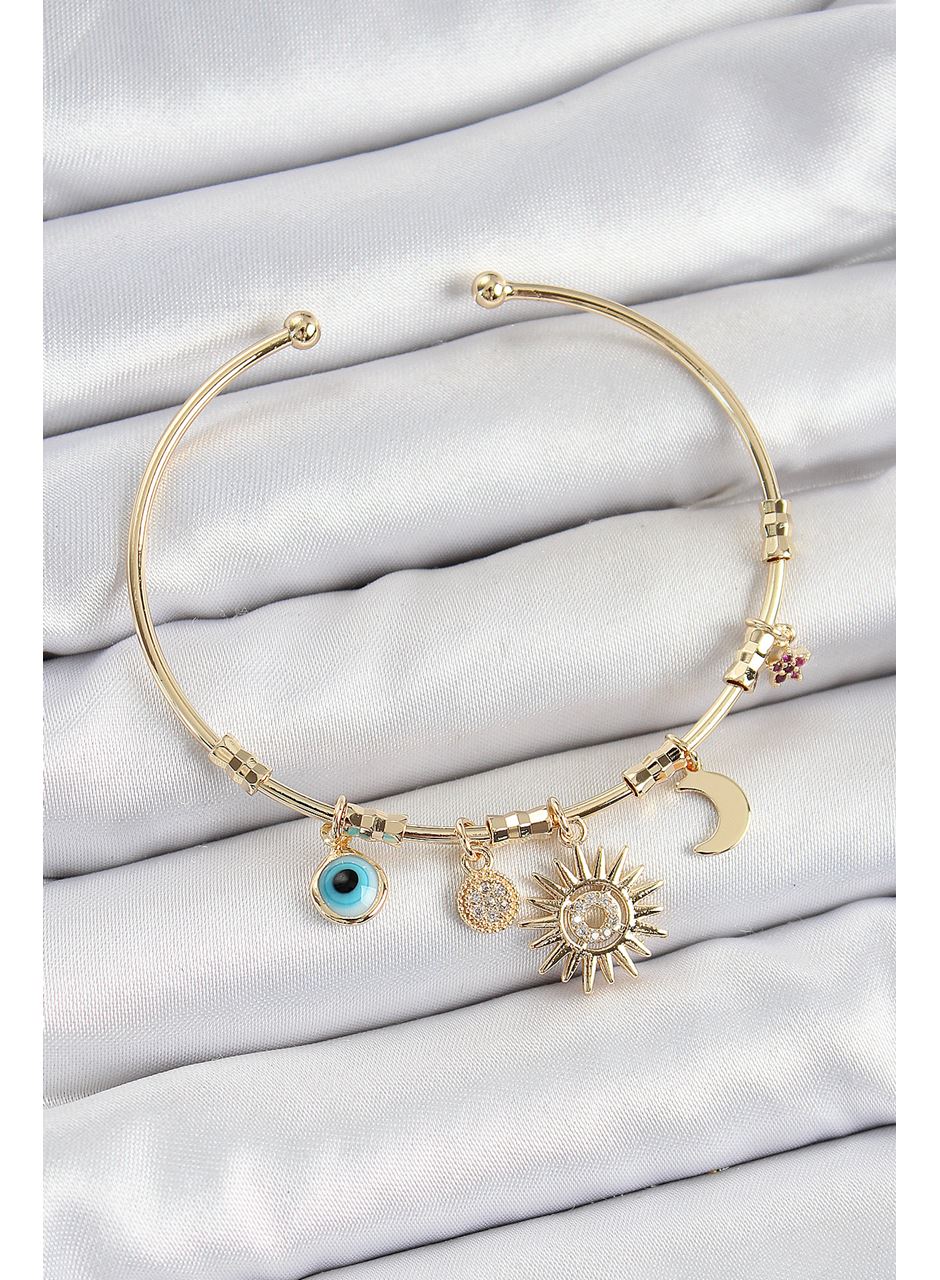 Pirinç Zirkon Taşlı Güneş Ay Nazar Model Gold Renk Charm Bileklik