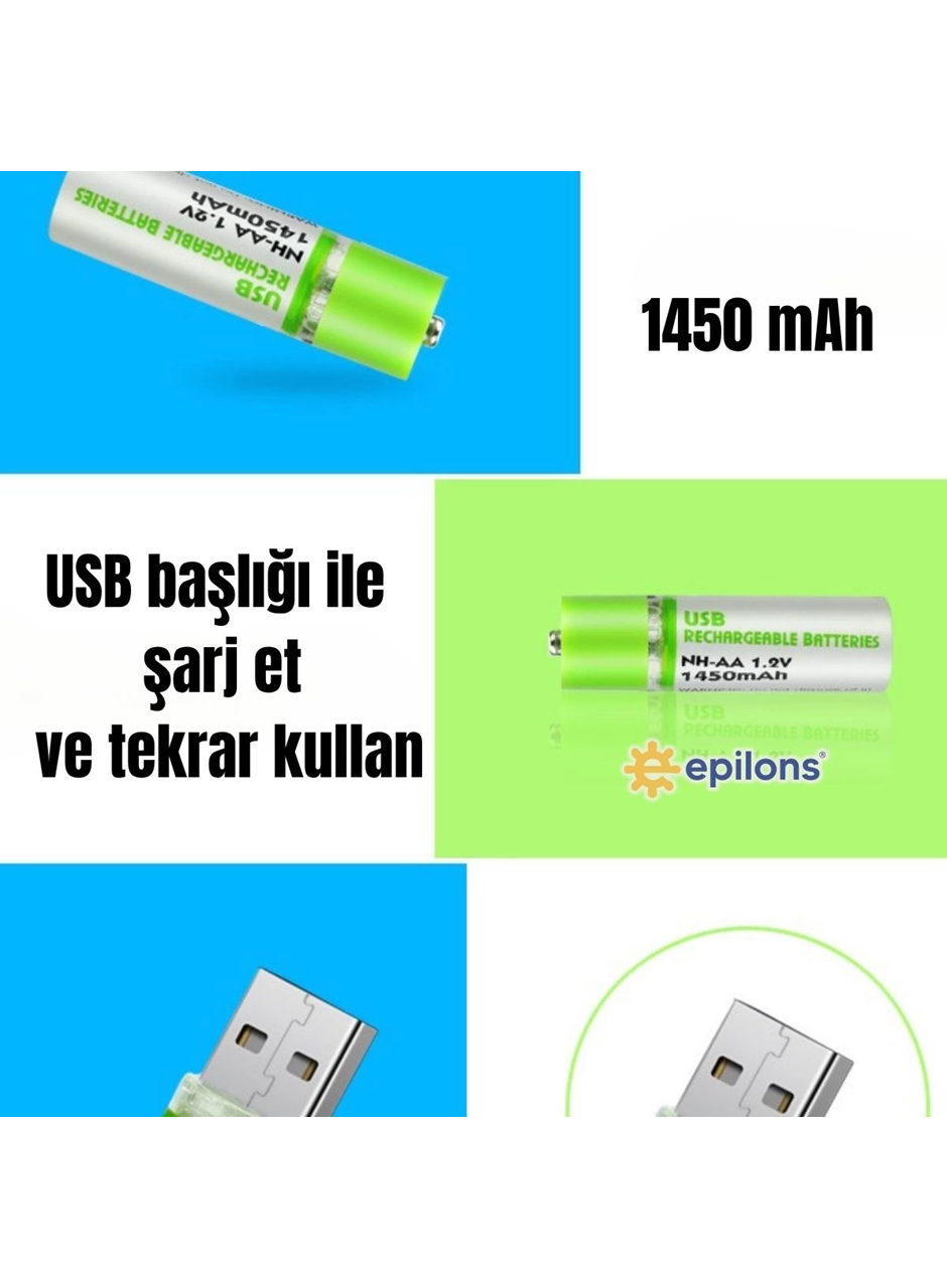 Usb ile Şarj Olabilen 2 li 1450 mah Lityum Kalın Şarjlı Kalem Pil (