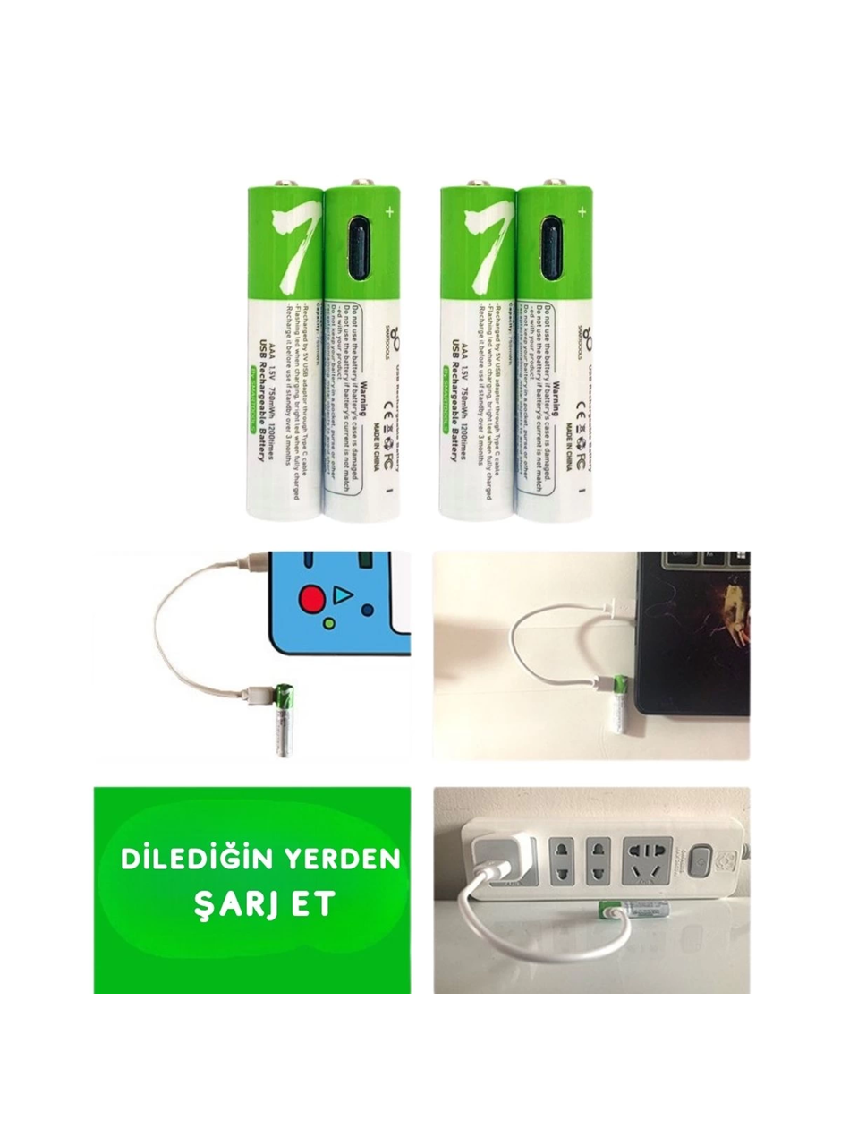 Type-C ile Şarjolabilen 4 lü AAA 1.5V Lityum İnce Şarjlı Kalem Pil 750 mAH Uzun Ömürlü (