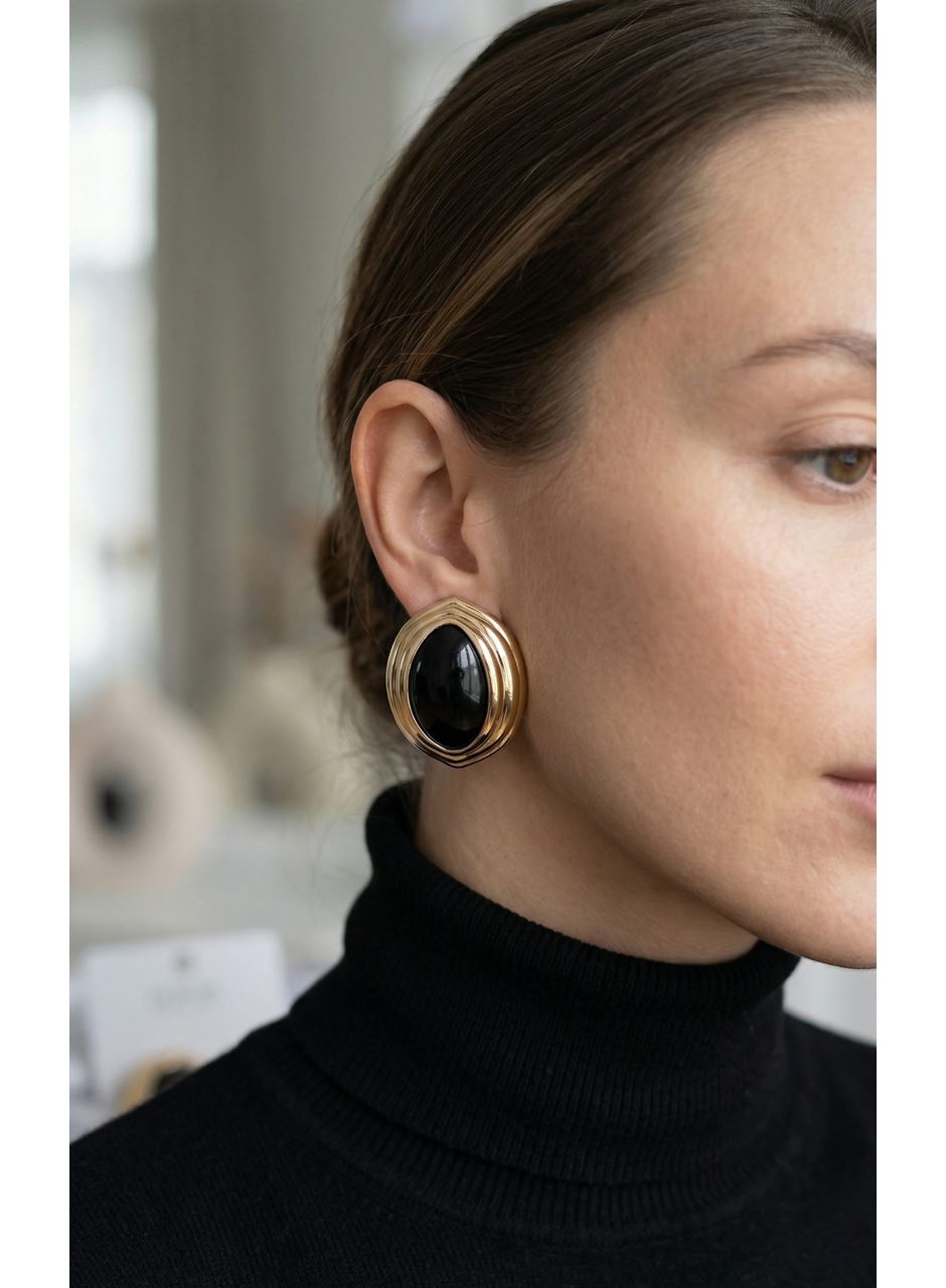 Pirinç Siyah Badem Model Vintage Gold Kadın Küpe