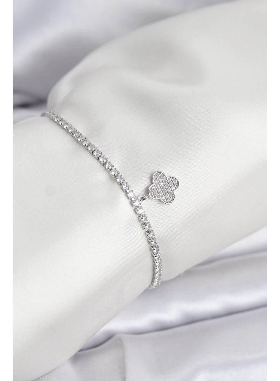 Yonca Model Zirkon Taşlı Gümüş Renk Asansörlü Su Yolu Bileklik