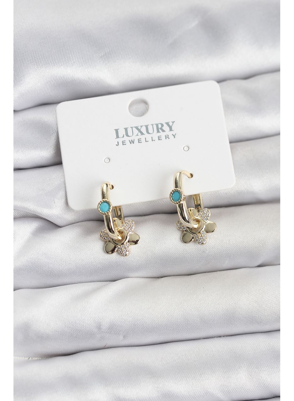 Mavi Taş Detaylı Pirinç Gold Renk Kadın Göçmen Küpesi