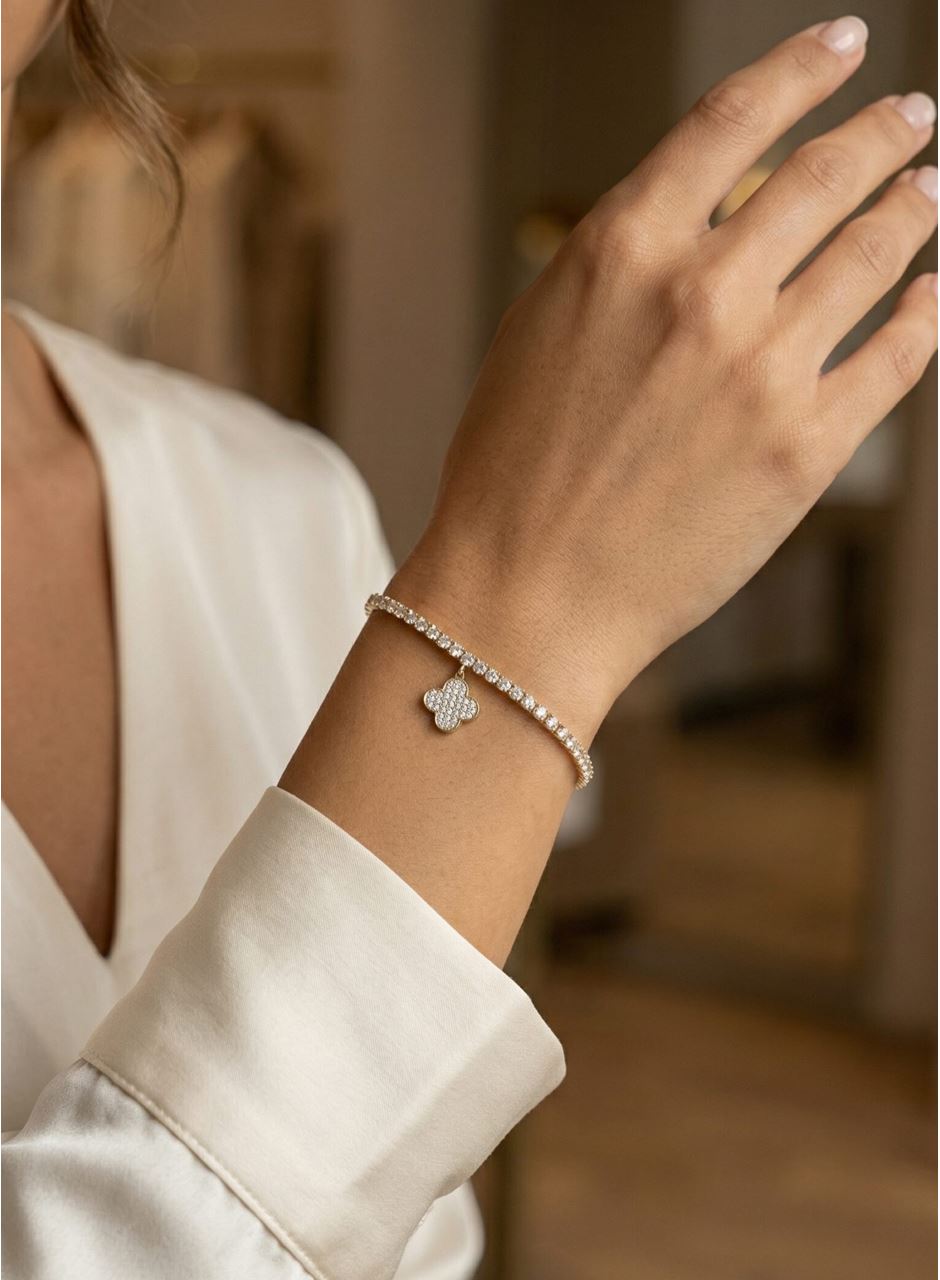 Yonca Model Zirkon Taşlı Gold Renk Asansörlü Su Yolu Bileklik