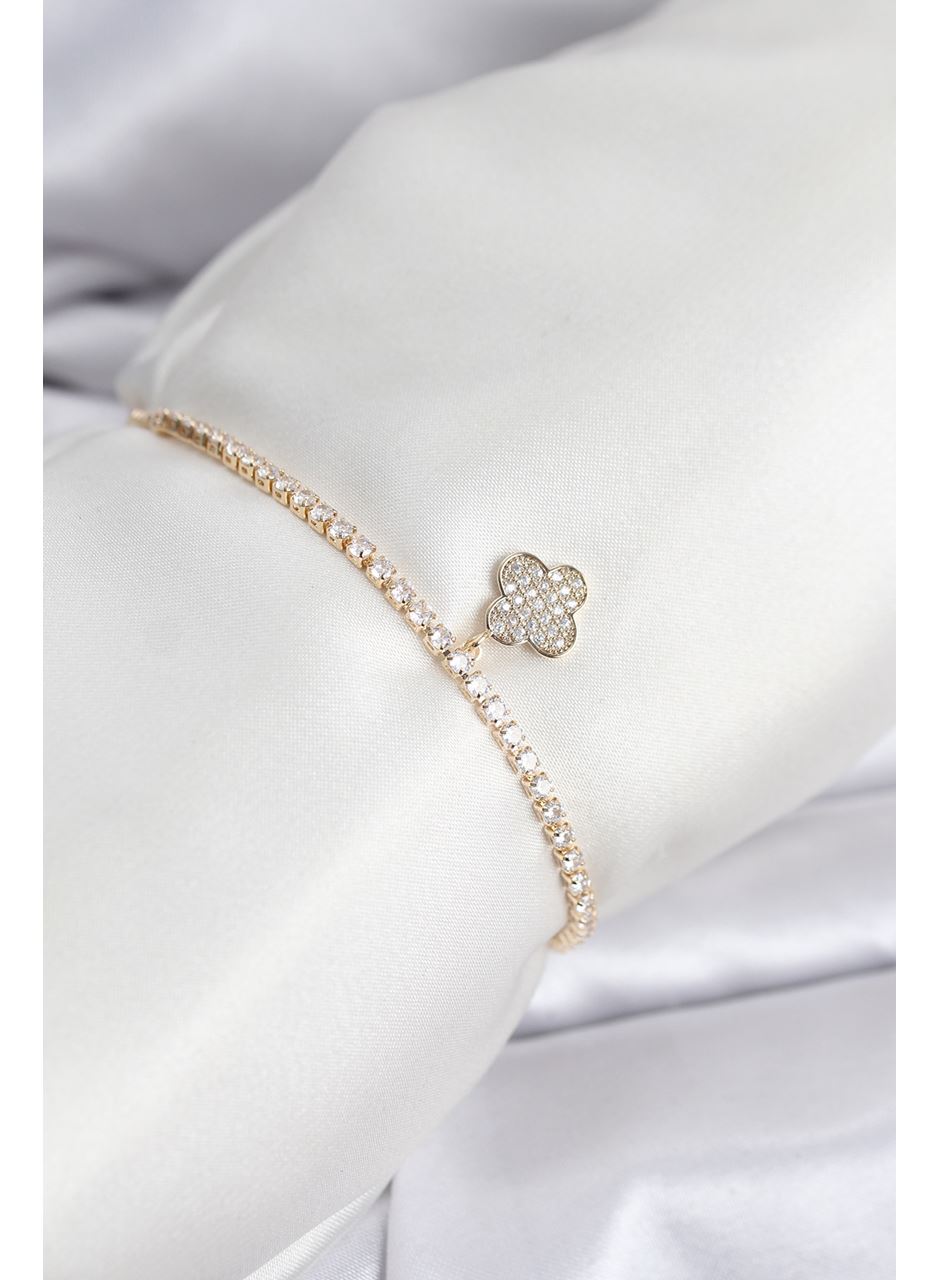 Yonca Model Zirkon Taşlı Gold Renk Asansörlü Su Yolu Bileklik