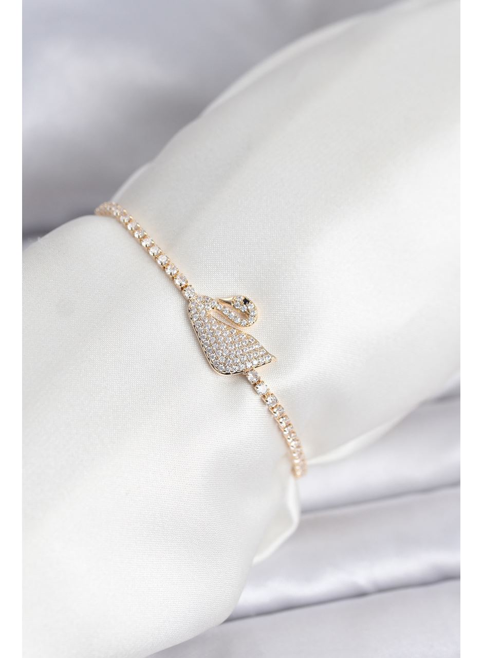 Kuğu Model Zirkon Taşlı Gold Renk Asansörlü Su Yolu Bileklik