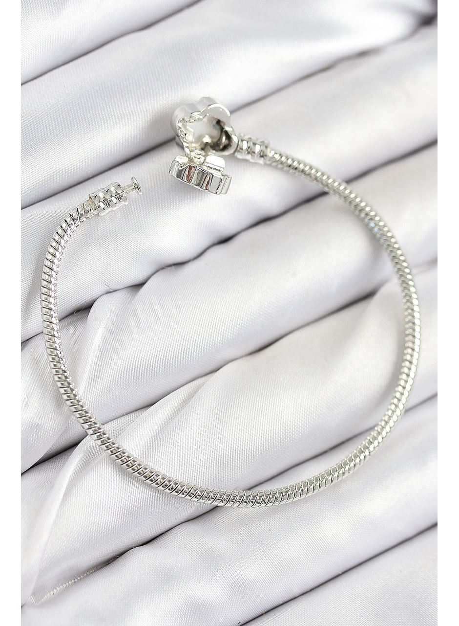 Pirinç Charm Zirkon Taşlı Yonca Model Gümüş Renk Kadın Bileklik