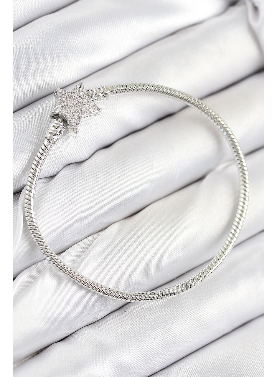 Pirinç Charm Zirkon Taşlı Yıldız Model Gümüş Renk Kadın Bileklik