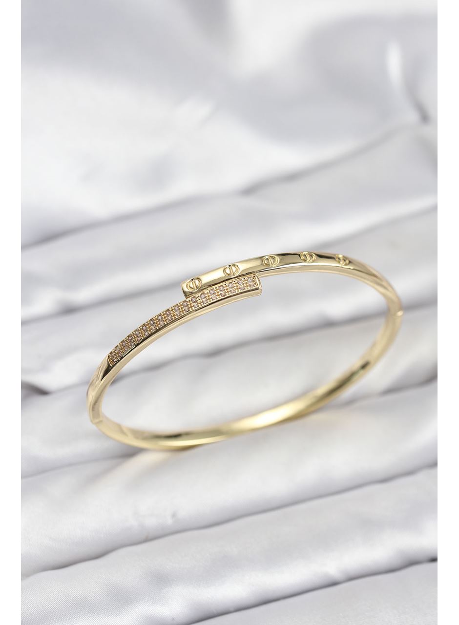 Pirinç Gold Renk Zirkon Taşlı Kadın Kelepçe Bileklik