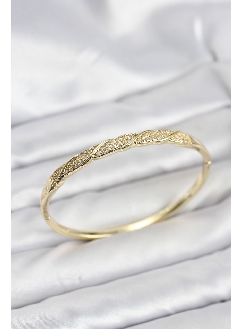 Pirinç Gold Renk Zirkon Taşlı Model Kadın Kelepçe Bileklik