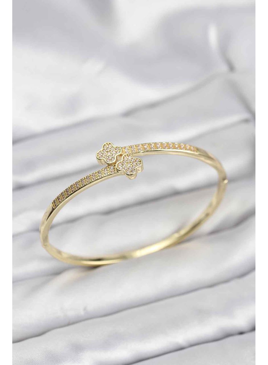 Pirinç Gold Renk Zirkon Taşlı Yonca Model Kadın Kelepçe Bileklik