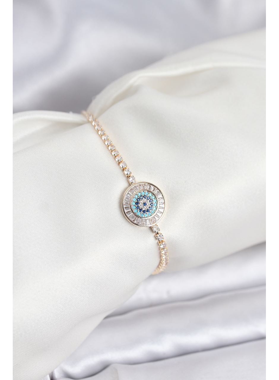 Gold Renk Nazar Model Zirkon Taşlı Asansörlü Su Yolu Bileklik