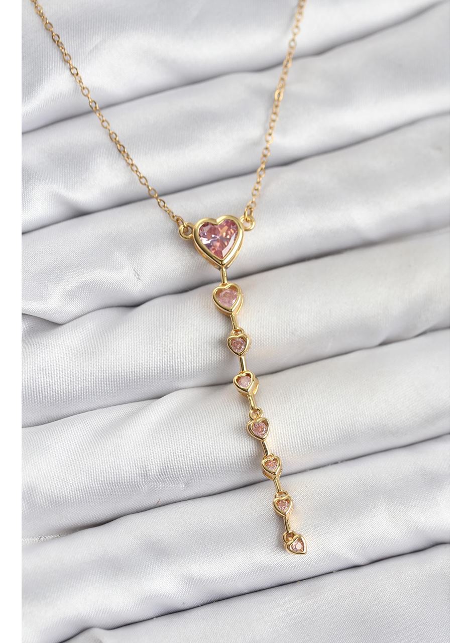 316L Çelik Zincir Gold Renk Pembe Kalp Kadın Kolye