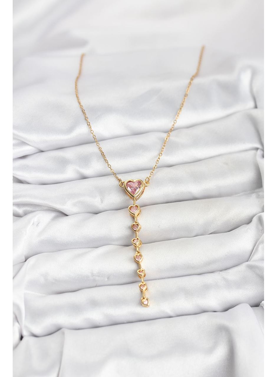 316L Çelik Zincir Gold Renk Pembe Kalp Kadın Kolye