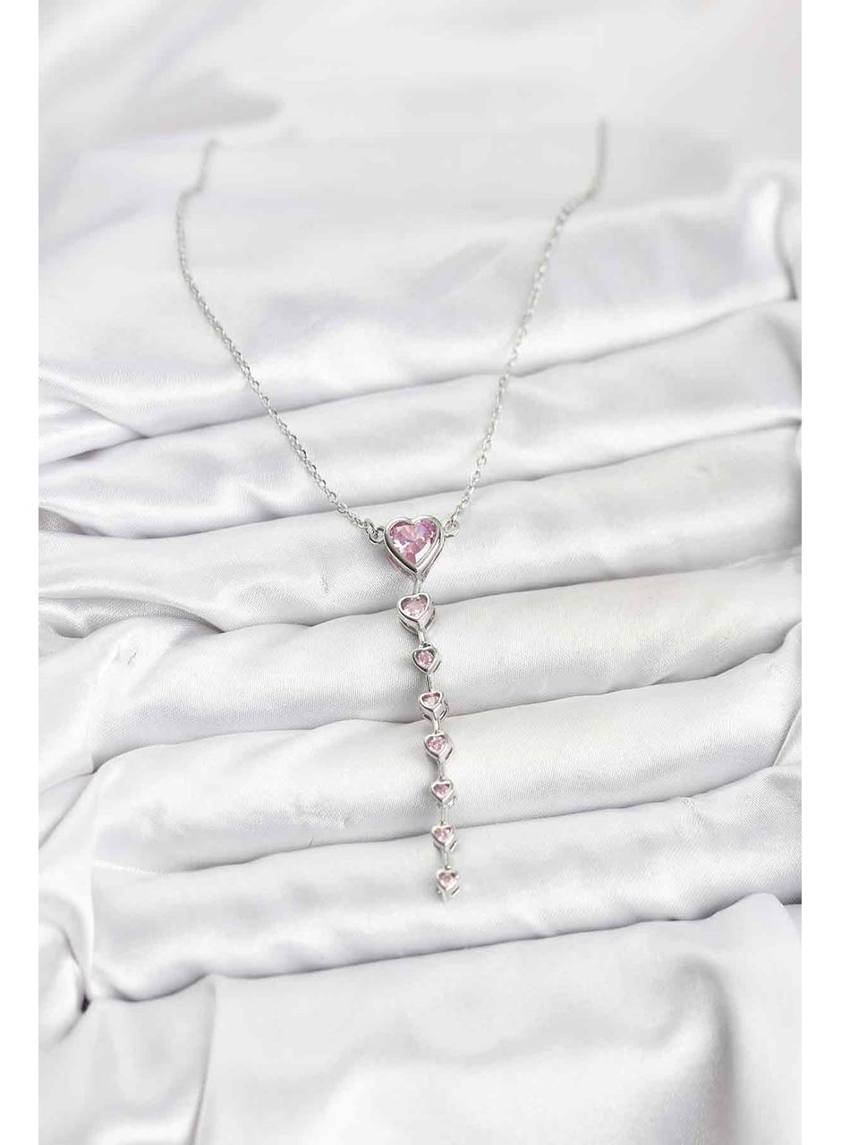 316L Çelik Zincir Gümüş Renk Pembe Kalp Kadın Kolye