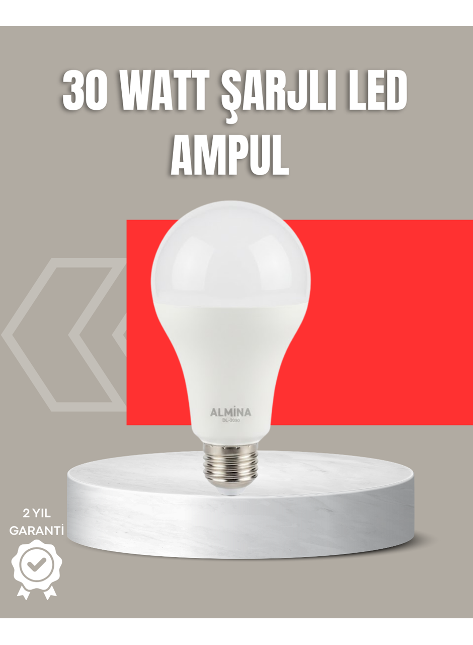 30W Şarjlı LED Ampul E27 Duy %80 Enerji Tasarruflu Soğuk Beyaz