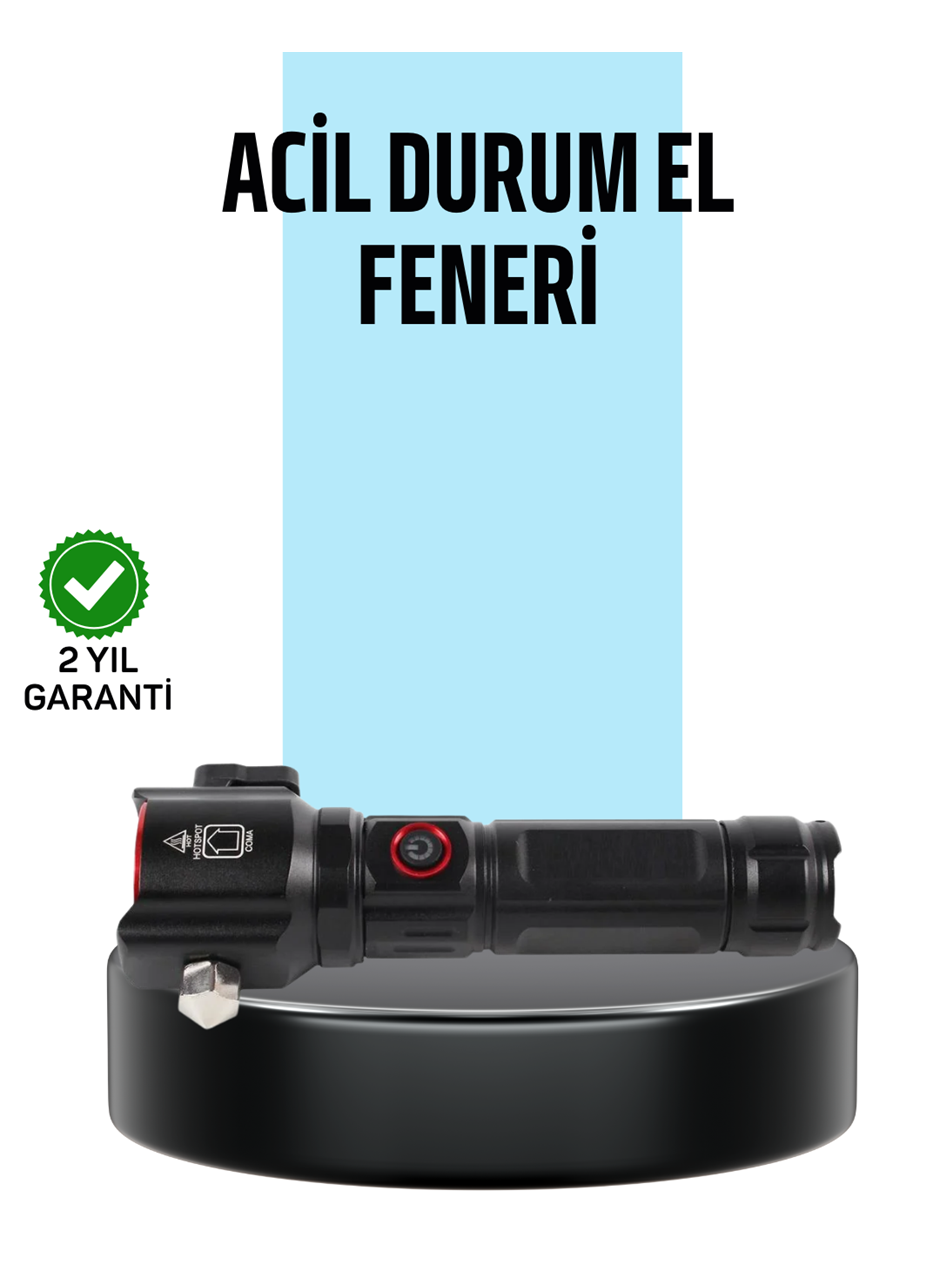 USB Şarjlı Çok Amaçlı El Feneri Çekiçli Pusulalı