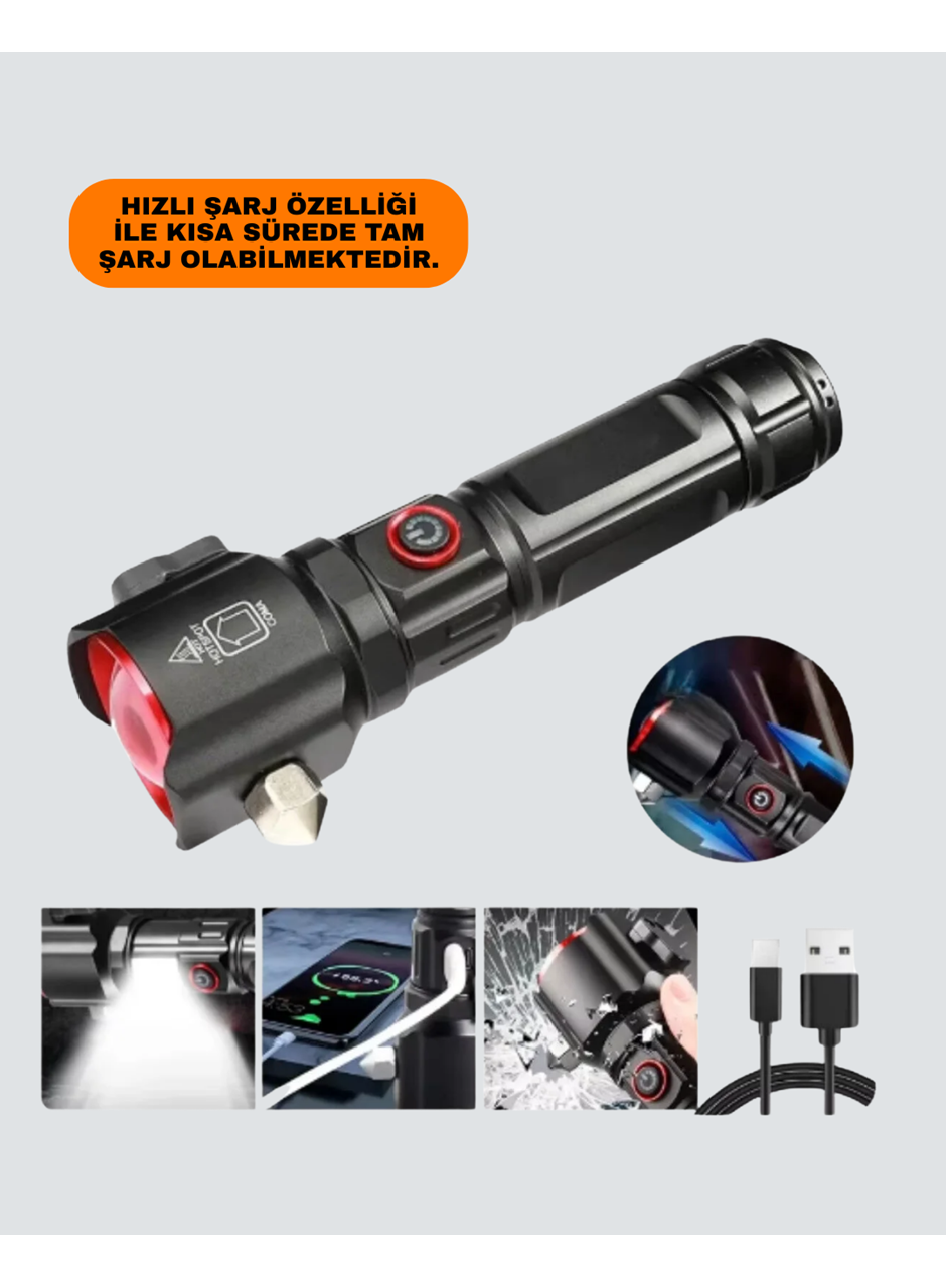 USB Şarjlı Çok Amaçlı El Feneri Çekiçli Pusulalı