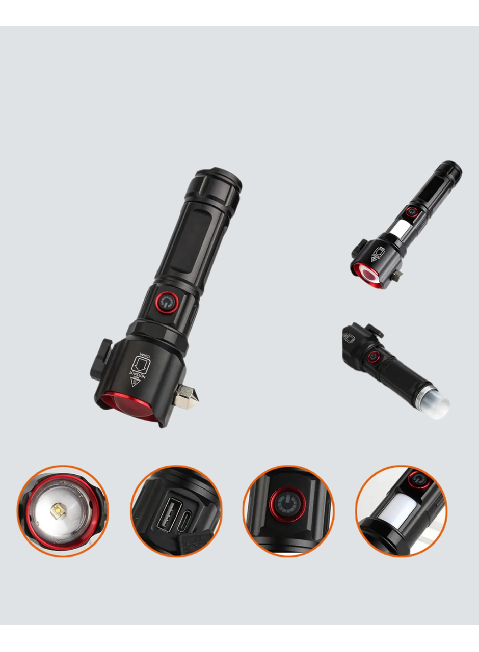 Çekiçli Pusulalı Acil Durum Feneri USB Şarjlı Çok Fonksiyonlu