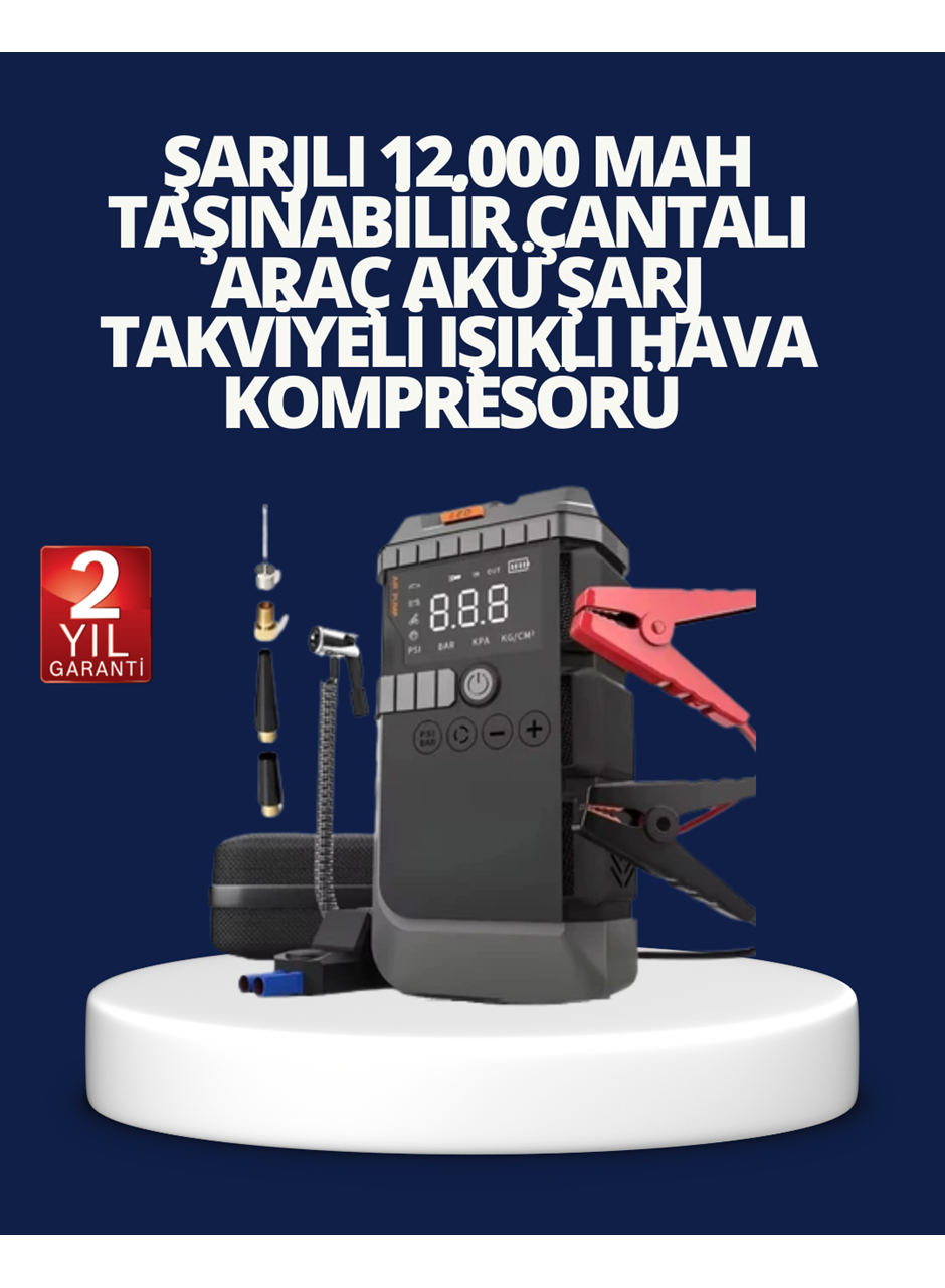 Şarjlı 12000 mAh Araç Akü Takviye ve Hava Kompresörü 4’ü 1 Arada
