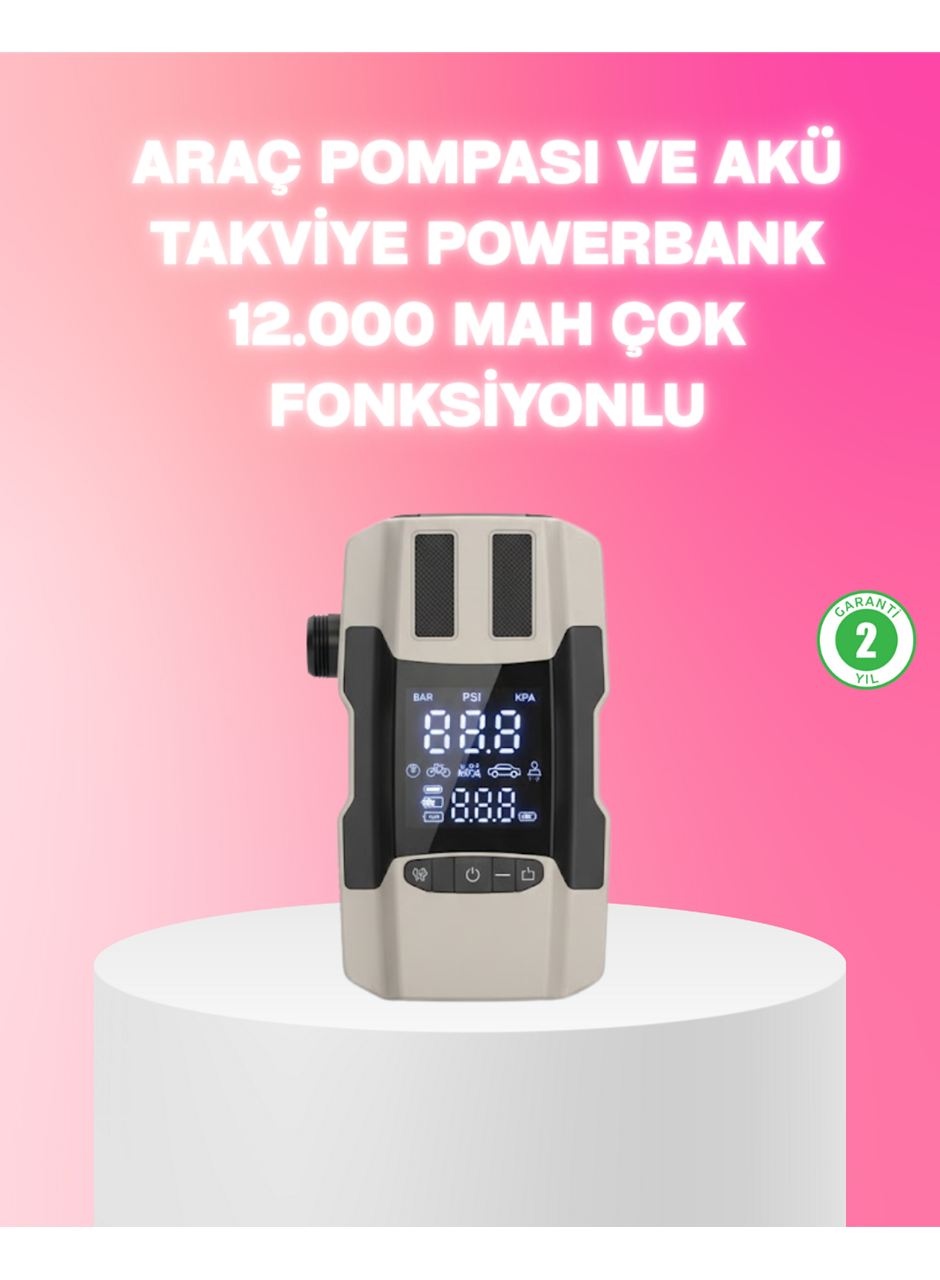 Araç Hava Pompası ve Akü Takviye Powerbank 12.000 mAh Çok Fonksiyonlu