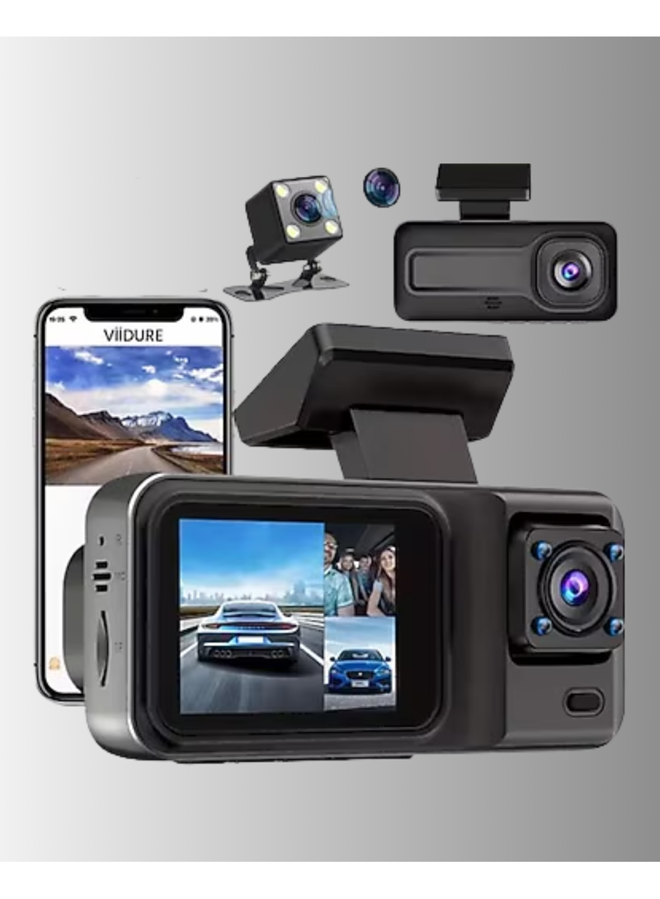 3 Kameralı Araç İçi Kayıt Cihazı 1080P Full HD Gece Görüşlü ve Wi-Fi Bağlantılı