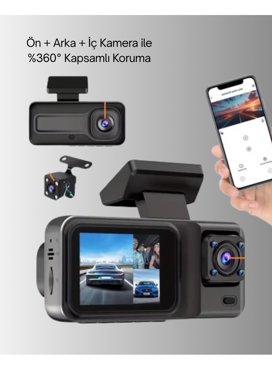 Wi-Fi Bağlantılı Full HD Araç Kamera Seti 3 Kameralı Park Koruma ve Döngü Kayıt