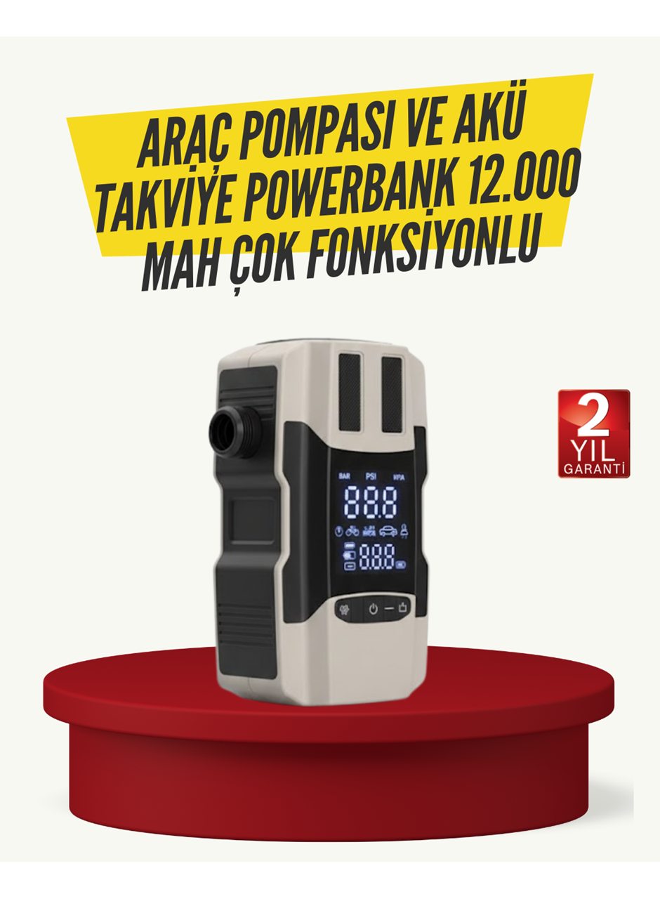 Araç Lastik Şişirme Pompası ve Akü Takviye Powerbank Bir Arada