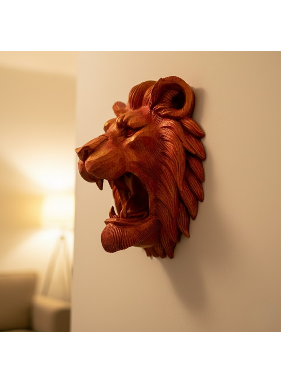 Dekoratif Asılabilir Aslan Başı 3D Duvar Heykeli Gold Red 20x21 cm