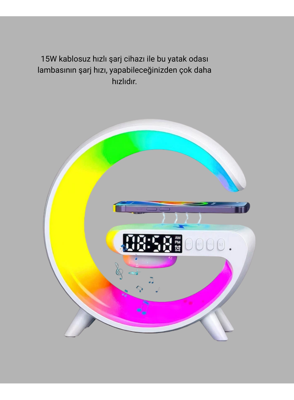 Bluetooth Hoparlörlü RGB Atmosfer Lambası Kablosuz Şarj ve Saat Özellikli