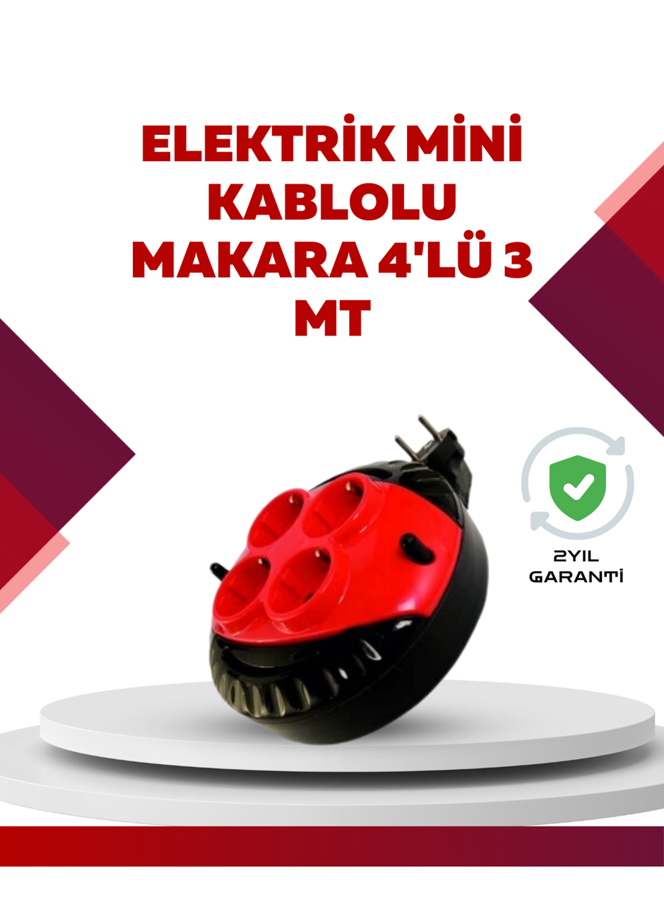 Kırmızı Renk 3 Metre 4’lü Kablolu Priz Makarası