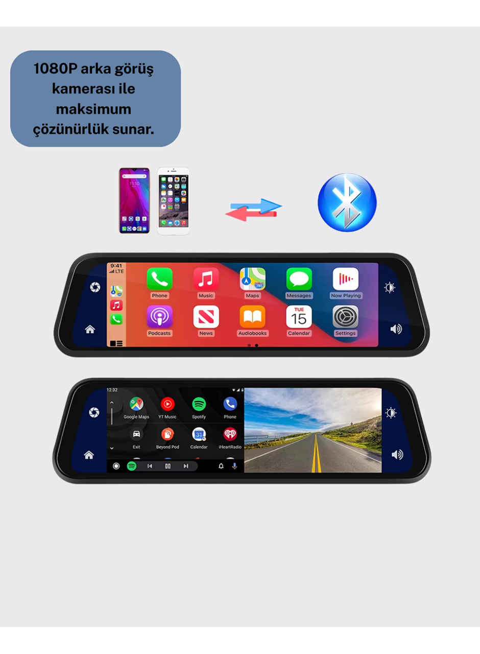 10 İnç Tam Dokunmatik Dikiz Aynası Kamera Ön Arka Full HD