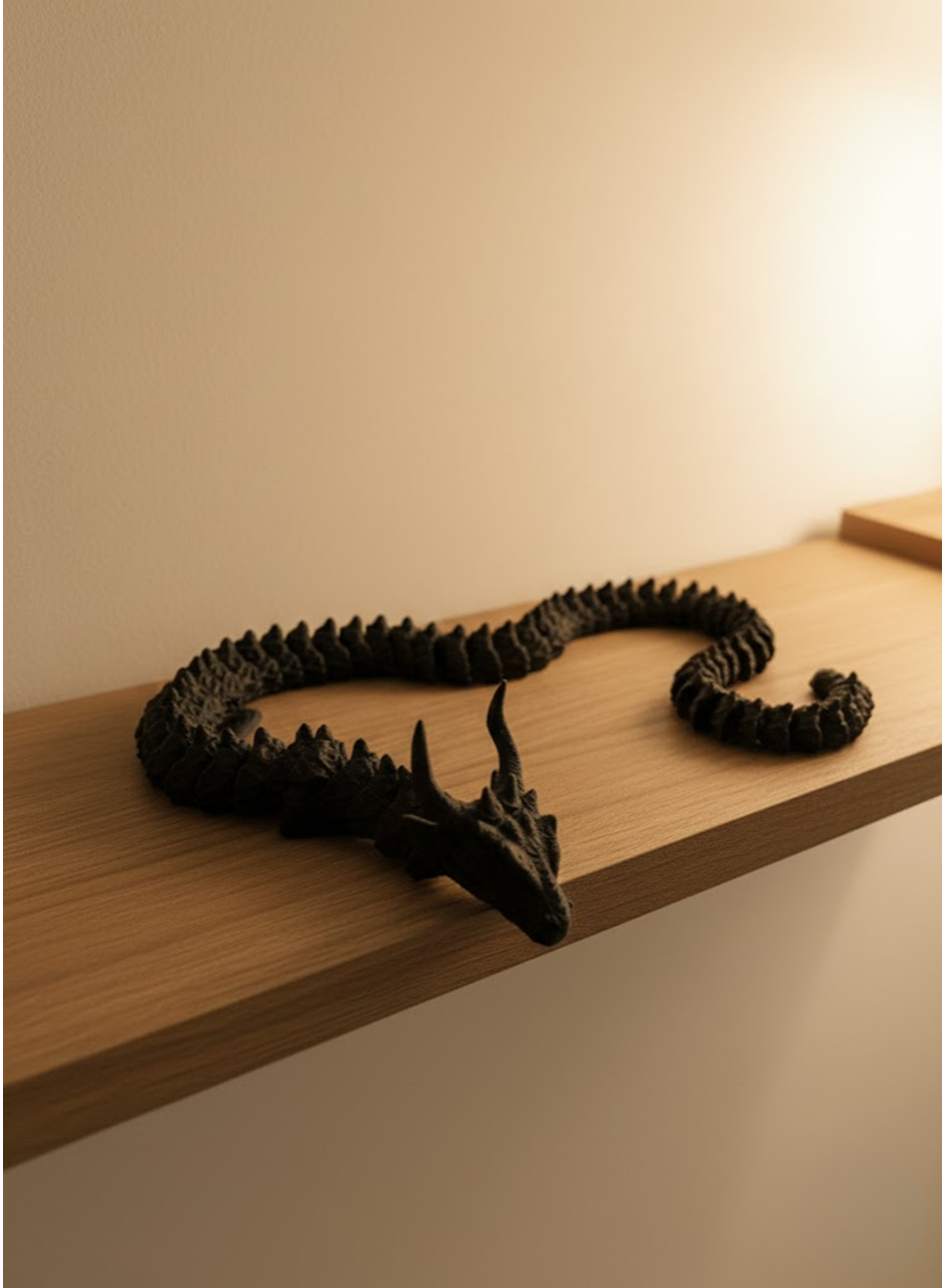 Hareketli Siyah Ejderha Figür Uzun Gövdeli Fantastik Masa ve Raf Dekoru