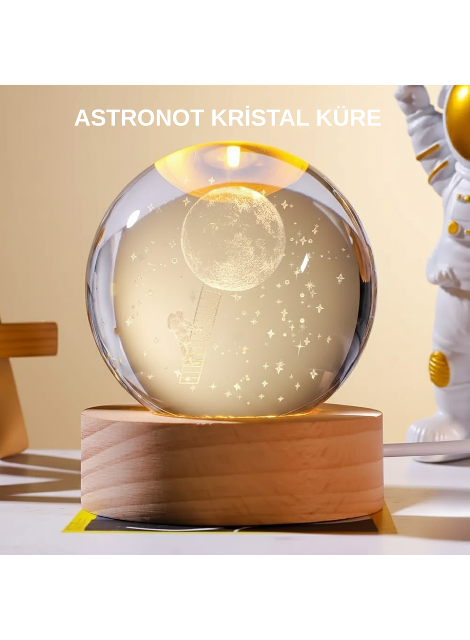 Ahşap Tabanlı 3D Astronot Küre Lamba Çocuk Odası ve Masa Üstü Dekor