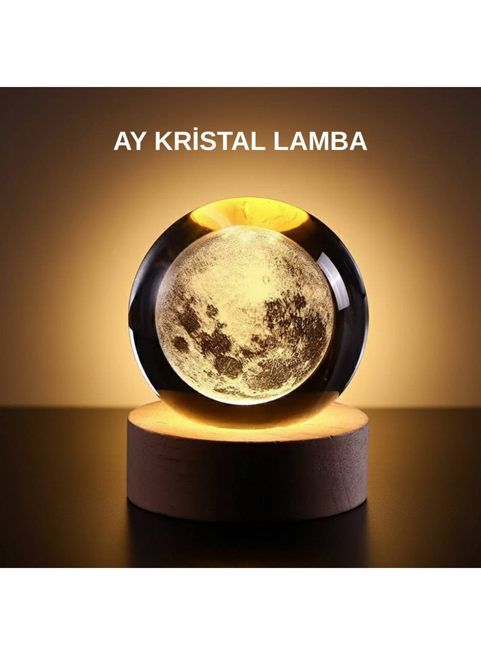 Ay Figürlü 3D Kristal Küre LED Gece Lambası Ahşap Standlı Dekoratif Lamba