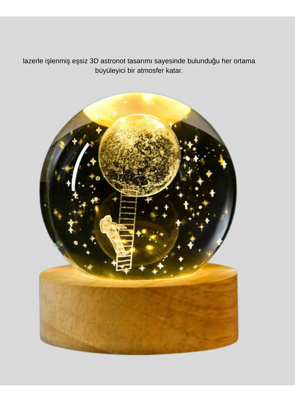 Ahşap Tabanlı 3D Astronot Küre Lamba Çocuk Odası ve Masa Üstü Dekor