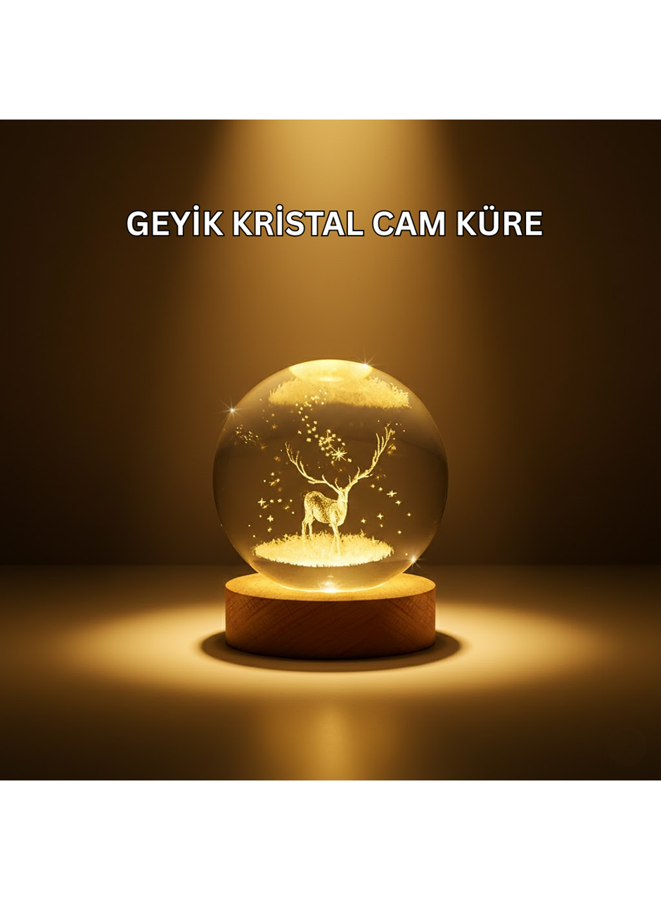 USB Bağlantılı Geyik Temalı Kristal Küre Premium Masa Gece Lambası