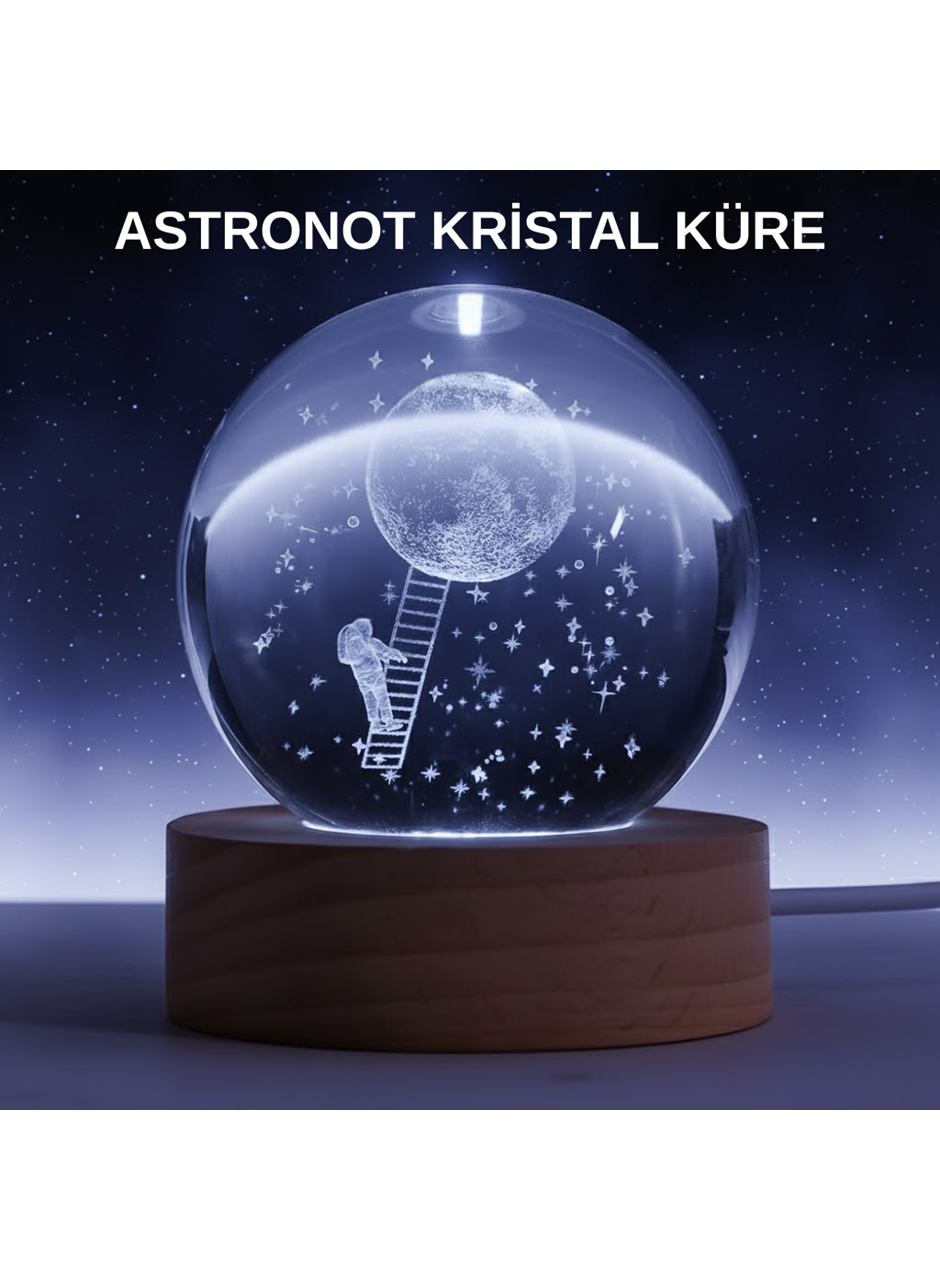 Lazer İşlemeli 3D Astronot Kristal Küre LED Işıklı Uzay Temalı Gece Lambası