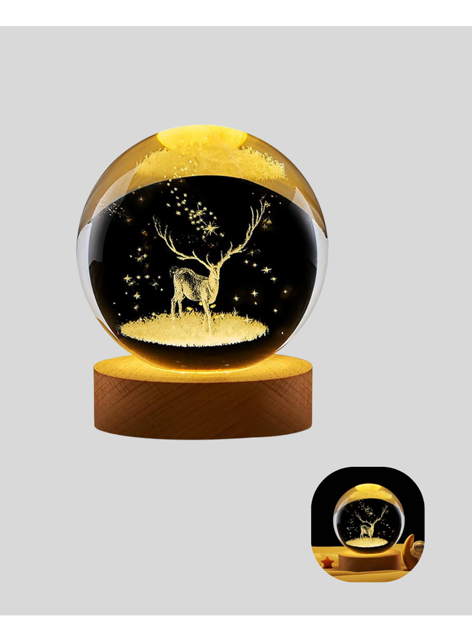 USB Bağlantılı Geyik Temalı Kristal Küre Premium Masa Gece Lambası