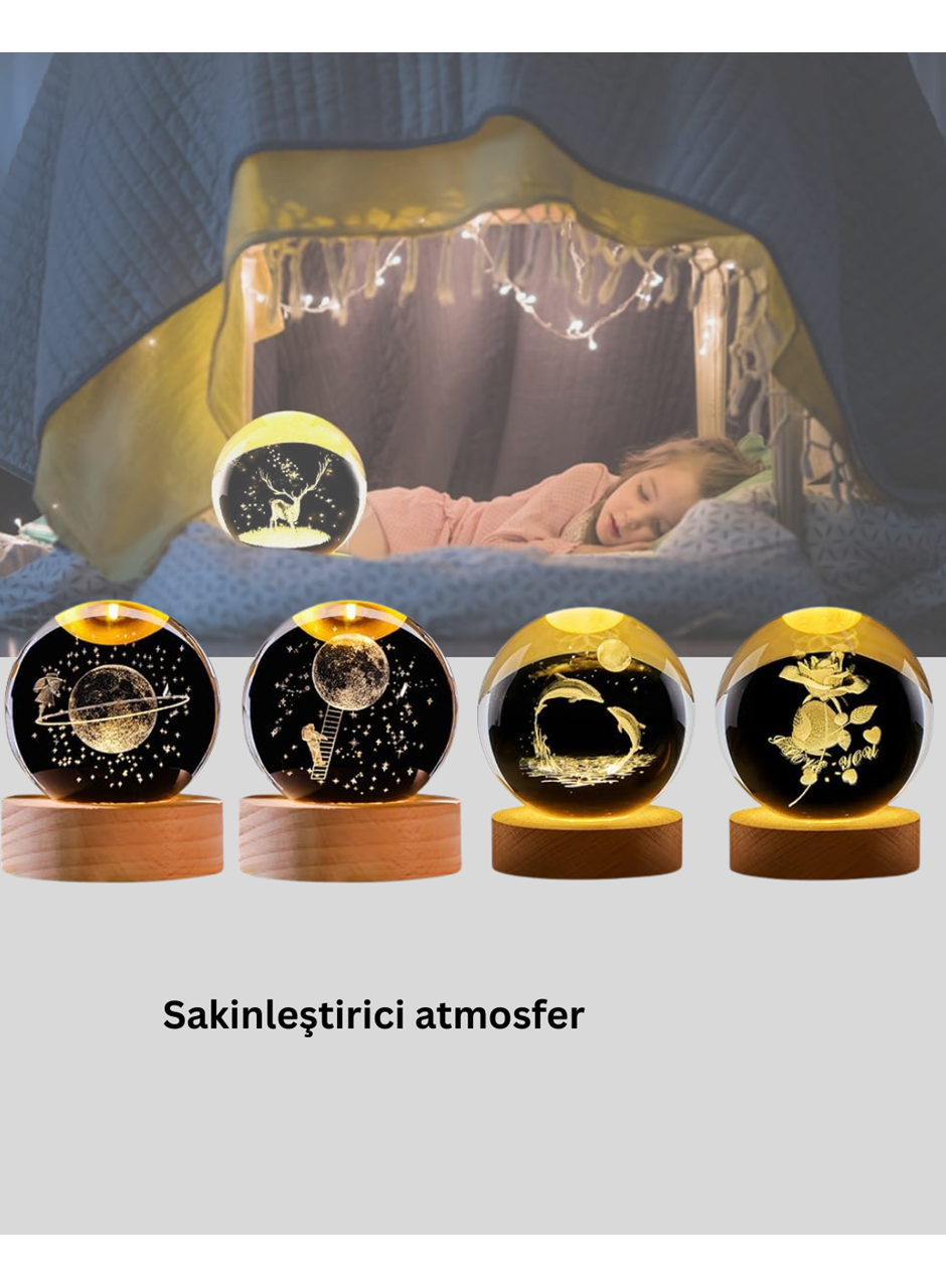 USB Bağlantılı Geyik Temalı Kristal Küre Premium Masa Gece Lambası