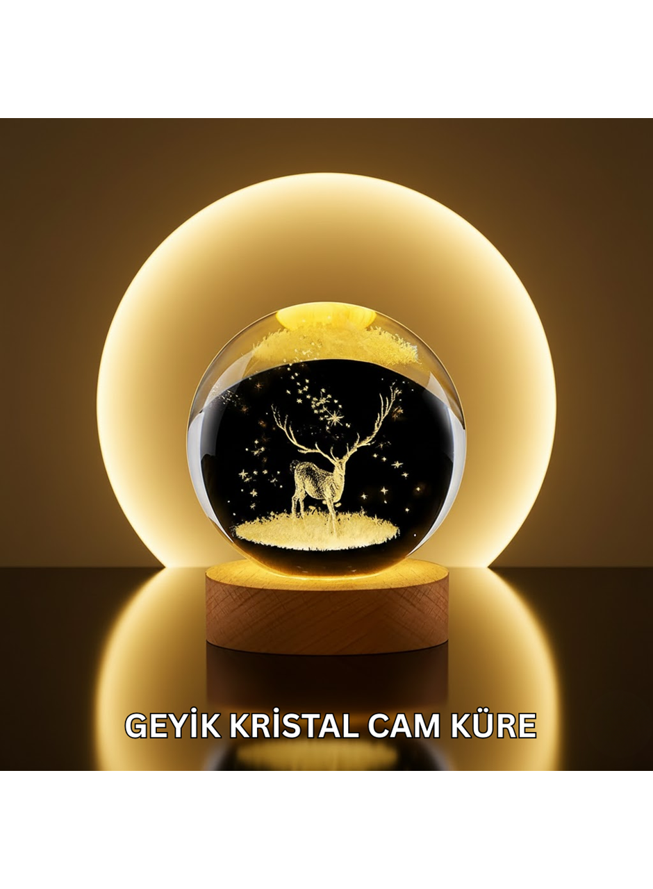 Doğal Ahşap Standlı Geyik Figürlü Kristal Küre LED Dekoratif Lamba