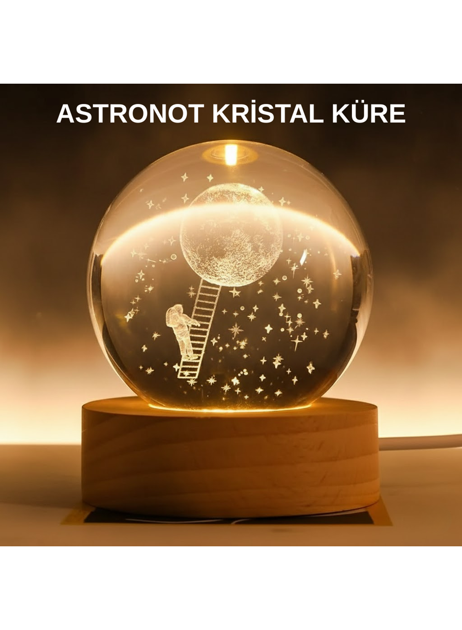 3D Astronot Kristal Küre Gece Lambası USB Ahşap Standlı Dekoratif Işık