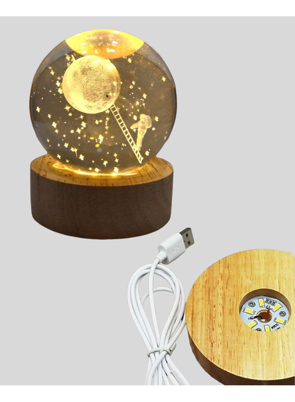 3D Astronot Kristal Küre Gece Lambası USB Ahşap Standlı Dekoratif Işık