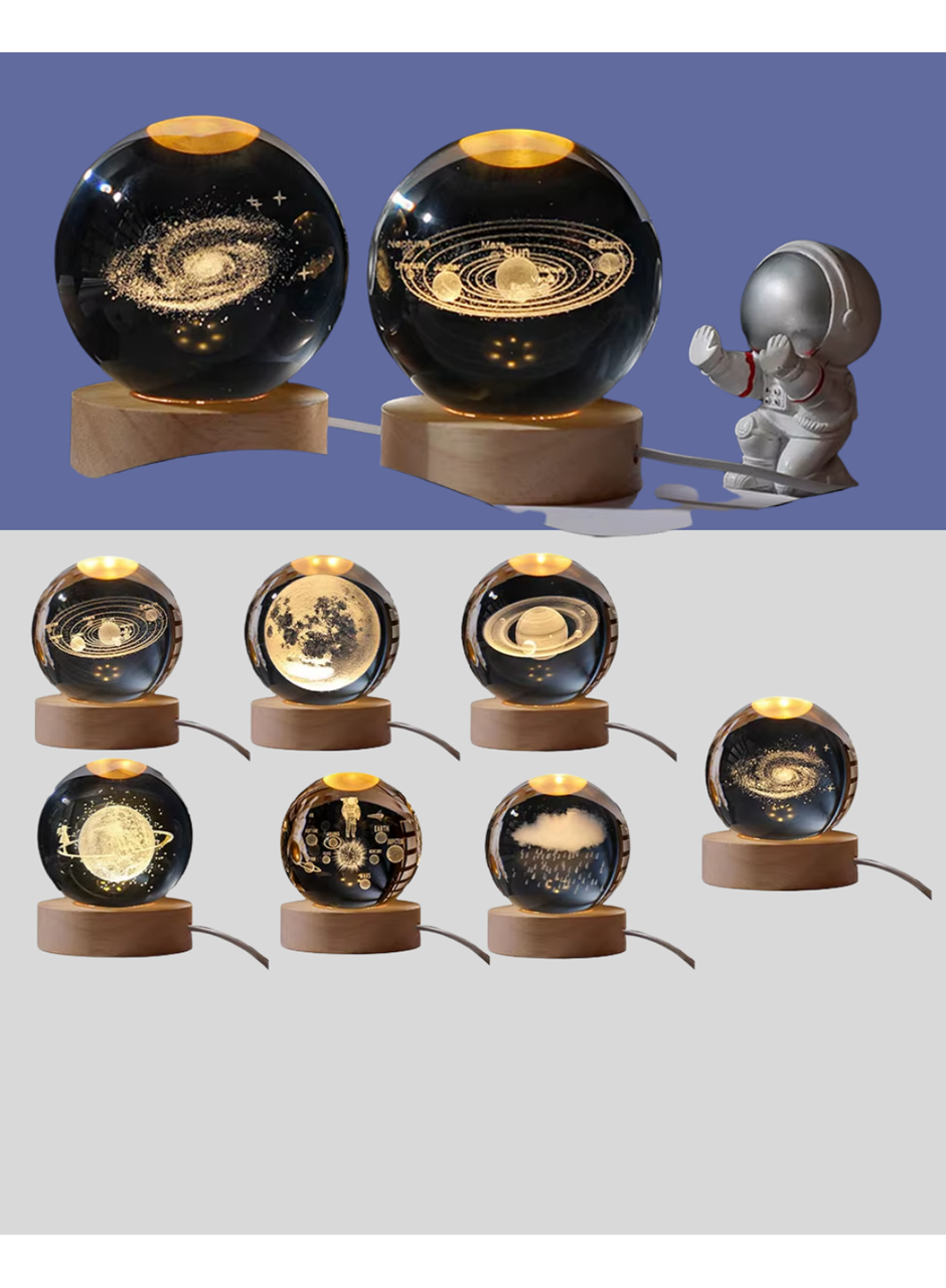 3D Astronot Kristal Küre Gece Lambası USB Ahşap Standlı Dekoratif Işık