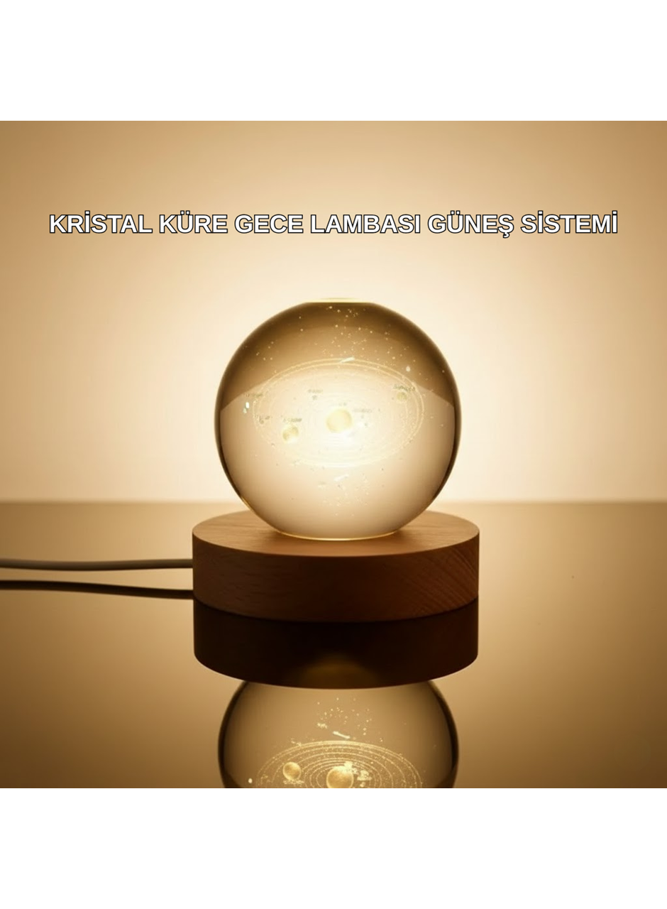Kristal Gezegen Küre Ahşap Tabanlı USB Işıklı Gece Lambası
