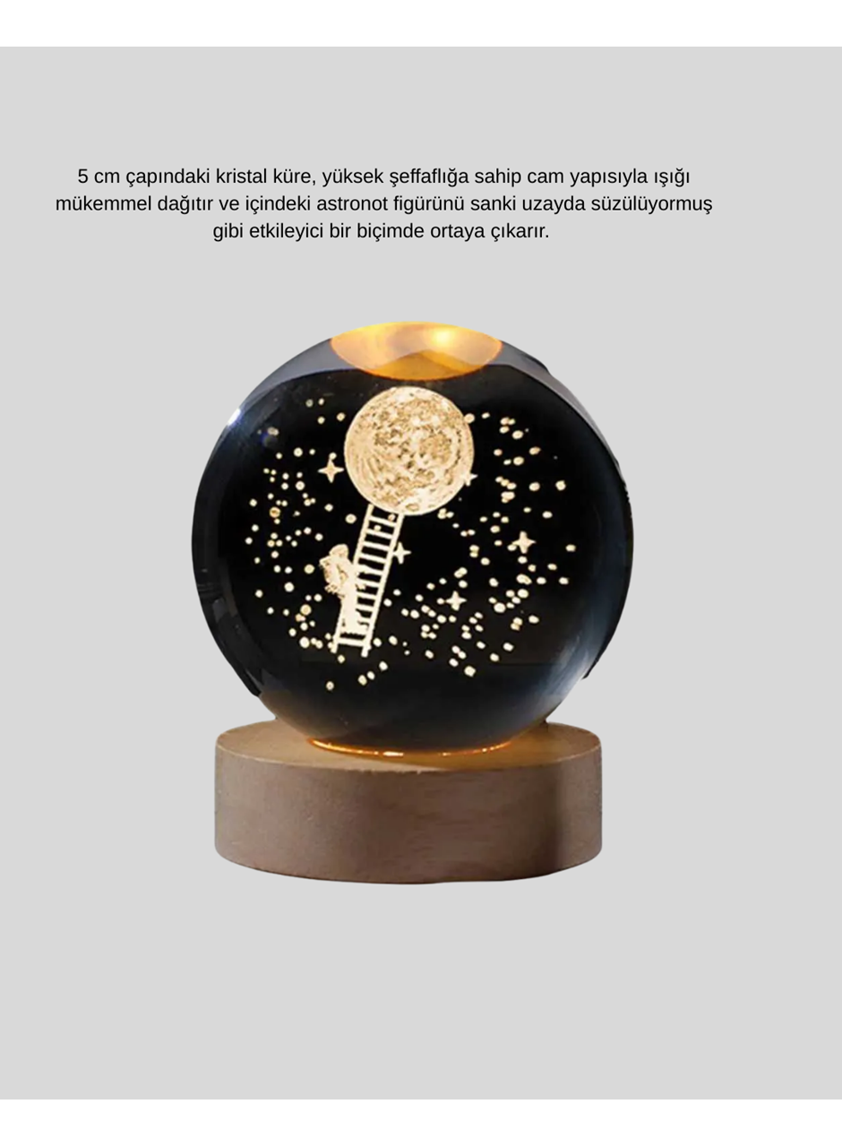 3D Astronot Kristal Küre Gece Lambası USB Ahşap Standlı Dekoratif Işık