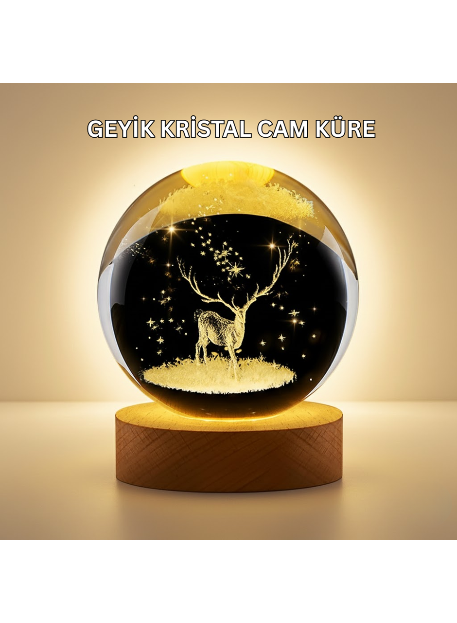 3D Lazer İşlemeli Geyik Kristal Küre Sıcak Işıklı Gece Aydınlatması