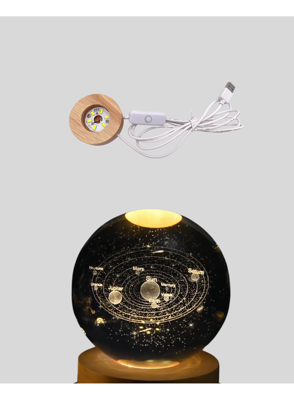 Kristal Gezegen Küre Ahşap Tabanlı USB Işıklı Gece Lambası